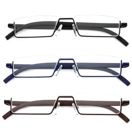 REAVEE 3 Pack Half Frame Reading Glasses for Men Women, Half Lens Slim Metal Lightweight Readers Portable Pocket with Case, Black Blue and Brown +1.75