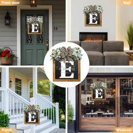 Last Name Welcome Sign for Front Door, Wreaths for Front Door, 26 Letter Front Porch Decor Wreaths, Welcome Sign with Eucalyptus Garland and Bow, Wooden Farmhouse Wall Decor, Housewarming Gifts (E)