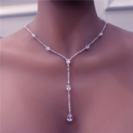 YERTTER Silver Sparkly Full Rhinestone Chain Choker Tassel Necklace Long Crystal Collar Necklace Luxury Diamond Statement Choker Necklace for Party Music Bar Women Girls (Silver 1)