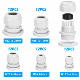 Pack of 60 Cable Glands, IP68 Cable Grommet Waterproof with Seals M12 M16 M20 M25 M32, Plastic Nylon Cable Grommets with Locking Nuts, Outdoor Garden Switch Box Junction Box