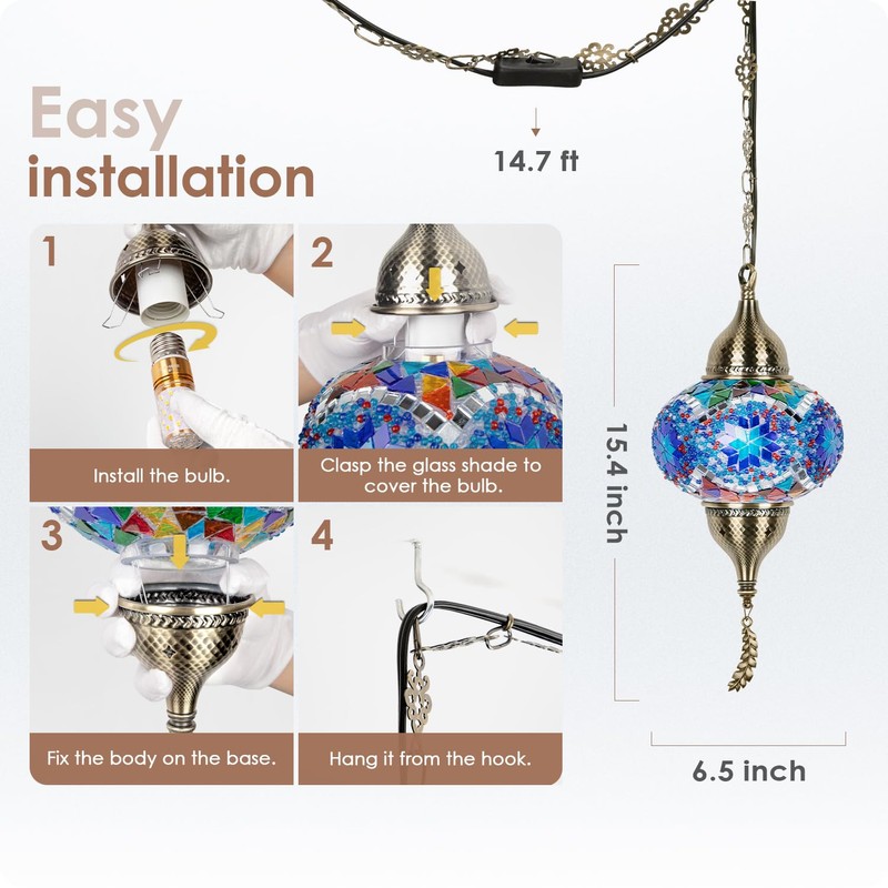 Yarra-Decor Turkish Moroccan Pendant Hanging Light with 15-Foot Cord -