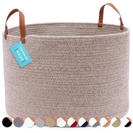 OrganiHaus Brown Large Storage Baskets for Organzing 20x13 | Large Woven Laundry Basket | Blanket Basket for Living Room | Round Basket for Shoes | Cotton Rope Basket for Entryway w/Leather Handles