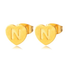 QLYOVWE Heart Initial Stud Earrings 18K Gold Plated Dainty Initial Earrings Little Initial Earrings Fashion Cute 26 Alphabet Letter Earrings for Women (N)