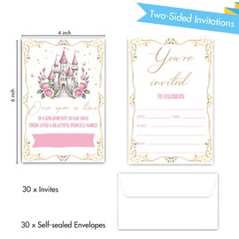 Uniizone Princess Birthday Invitations, Fairytale Castle Themed Invitation for Girls Party Supplies, Once Upon A Time, 30PACK Floral Fill-in Invites with Envelopes (Pink)