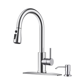 FORIOUS Kitchen Faucets with Soap Dispenser, Chrome Kitchen Faucets with Pull Down Sprayer, Commercial Stainless Steel Kitchen Sink Faucet, High Arc Single Hole Faucets for Kitchen Sink RV Bar