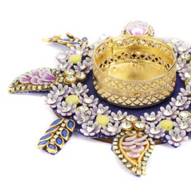 Set of 2 Decorative Mat Aasan Rangoli with T-Light candle Holder Stand for Festival Christmas Decorations Made up of Golden Embrodaries for new year Gifting Idea Home Decor(Size:-5")(Blue)