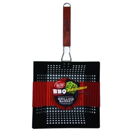 TableCraft BBQ Nonstick 21-Inch Square Grilling Basket with Wood Handle, Small, Black