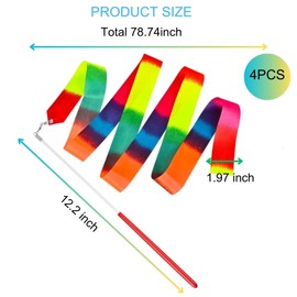 4 Pcs Dance Ribbons, Rainbow Ribbon, Rainbow Twirler Stick, 78.7Inch Rhythmic Gymnastics Ribbon, Ribbon Dancer Wand for Kids, Adults, Fits Artistic Dancing Gymnastics, Outdoor Play, Talent Shows