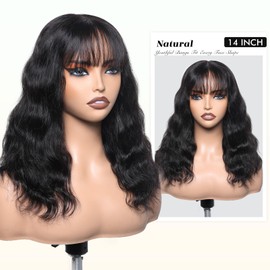 WIGNEE 4x4 Lace Human Hair Wig with Bangs Natural Wavy Human Hair Wigs For Black Women Midemun Length Wigs Human Hair for Daily Use（14 Inches）