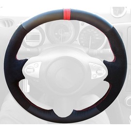 RedlineGoods steering wheel cover compatible with Nissan 370Z 2009-20. Tailor made - not universal! Genuine top-grade Italian Black perforated leather with Silver thread