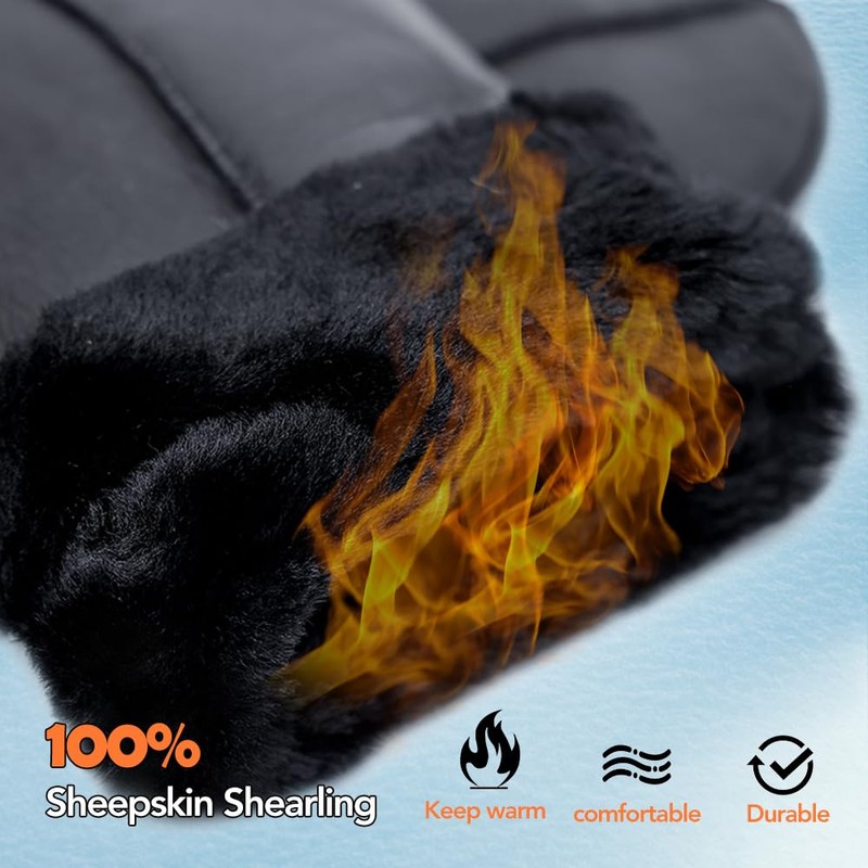 Men Winter Mittens Shearling Sheepskin Fur Lined Leather Mittens,Black,S