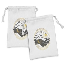 Ambesonne Magic Moon Fabric Pouch Set of 2, Bohemian Moon and Sun Karma Hands in Dotted Circle Illustration Print, Small Drawstring Bag for Toiletries Masks and Favors, 9" x 6", Mustard Taupe Grey