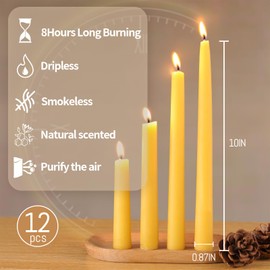 12 Pack Beeswax Taper Candles, 10in Dripless Pure Beeswax Candlesticks, 8 Hours Long Burning Smokeless Tapered Natural Bees Wax Candles for Home, Prayer, Dinner