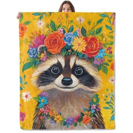Lugiu Adorable Raccoon Blanket, Lightweight Comfy Boho Floral Crown Raccoons Blankets for Couch Sofa Bedroom, Soft Plush Travel Flannel Throw Blanket Gifts for Adults Kids Women, Home Decor 60×50in