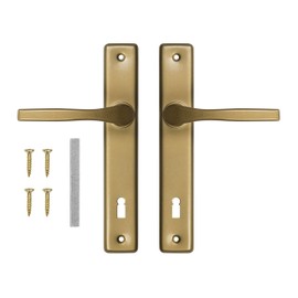 ADGO Door Handle - Door Handle Set - Front Door Handle - Door Handles Set Interior - Deadlock 72 Door Handles - Long Plate Set - Handle with Keyhole - Gold - Room Doors - Aluminium
