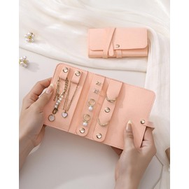 CASEGRACE Travel Jewelry Organizer Roll, Portable Velvet Jewelry Storage Roll Earring Organizer Bag, Jewelry Pocket for Necklaces, Rings, Earrings (Pink)