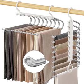 9 Layers Pants Hangers Space Saving, 2 Pack Pant Hangers Organizer Multifunctional Pants Rack Space Saver Closet Organizers and Storage Hangers for Pants Jeans Leggings Trousers Skirts, White