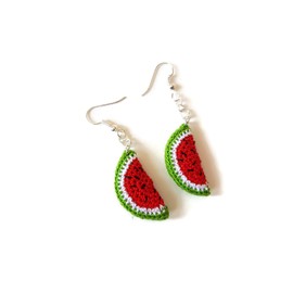 Red watermelon drop earrings handmade crochet fruit 925 sterling silver