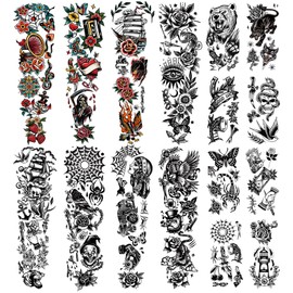 48 Sheets Full Arm Temporary Tattoos, Extra Large Fake Tattoos for for Men Women Body Makeup, Waterproof, Realistic and Long Lasting Old School Trial Tattoo Stickers