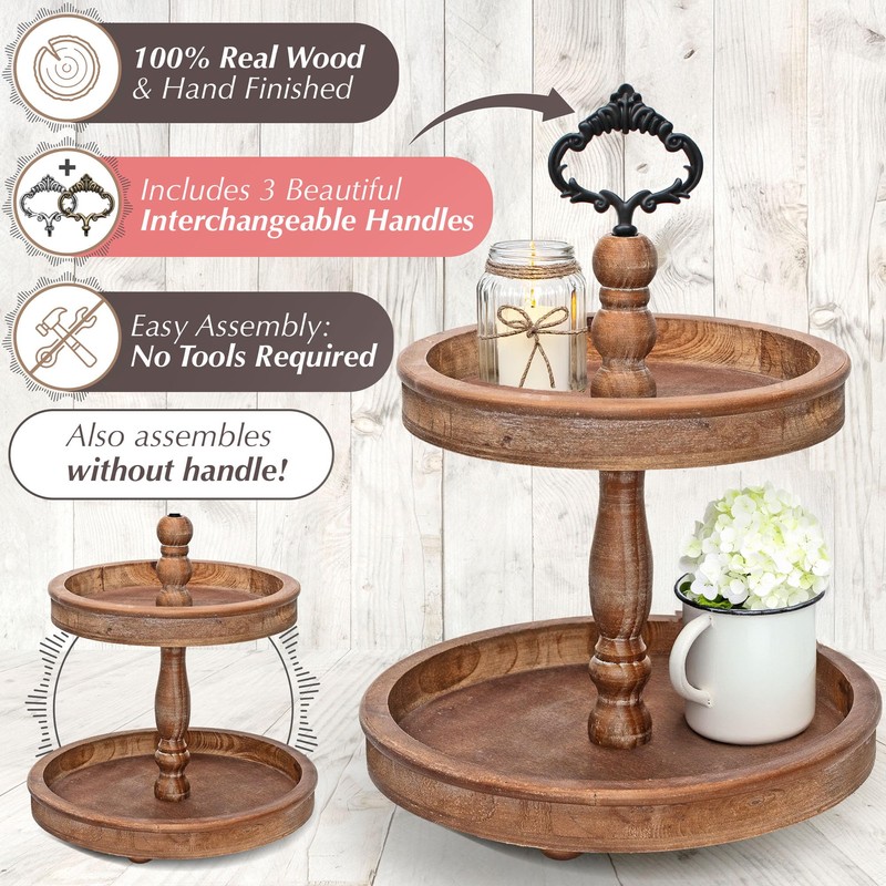 2 Tiered Tray Stand [Includes 3 Changeable Handles] - Rustic