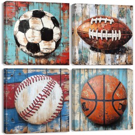 Vintage Sports Wall Decor for Boys Bedroom Rustic Soccer Basketball Football Baseball Canvas Pictures Kids Wall Art Ball Painting Prints Artwork Toddler Nursery Playroom Home Decorations 12x12" 4 Pcs