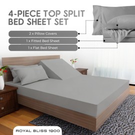 Royal Bliss 1900 Top Split Flex Head King Size Sheet Set - Egyptian Quality Ultra-Soft Bed Sheets | Double Brushed | Deep Pockets- Easy Fit - 4 Piece Set- Fade Resistant (Silver, Split Top)