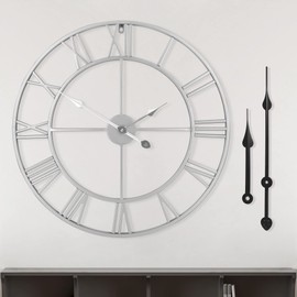 Large Modern Metal Wall Clocks Vintage Round Silent Non Ticking Battery Operated Silver Roman Numerals Clock for Living Room/Bedroom/Kitchen Wall Decor-47cm
