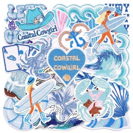 Wonninek Coastal Cowgirl Iron On Patches 24Pcs Blue Ocean Embroidered Patch Sew On/Iron On Patch Embroidery Applique for Clothes Backpacks Jackets Jeans Dress Hats DIY Accessories