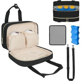 Breastmilk Cooler Travel Bag, Wearable Breast Pump Storage Bag Compatible with Momcozy/Medela/Elvie/Willow Breast Pump with Ice Pack and Waterproof Mat,Black