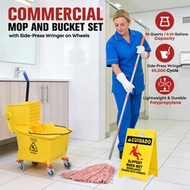 Matthew Cleaning 34 Quart Commercial Mop Bucket INCL.Wet String Mop with Side Press Wringer On Wheels,Heavy Duty Tandem Portable Floor Cleaning Wavebrake,Ideal for Household,Industrial,Restaurant