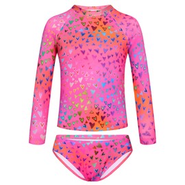 TENVDA Girls Swimsuit Long Sleeve Rashguard Set Size 9-10 Years Old Hotpink Hearts Summer Beach Bathing Suits Swimwear