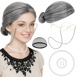PLULON 7Pcs Grandma Wig Old Lady Costume Set, Gray Funny Wig with Cap Granny Accessories for Crazy Hair Day Cosplay Costume Halloween Fun Cosplay Party Supplies