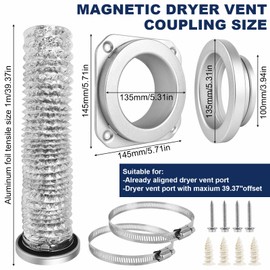 Magnetic Dryer Vent Coupling Kit, Quick Connect Aluminium Alloy DV180 Wall Adapter Self-Alignment Design Dryer Vent Connector Airtight Seal Dryer Vent Hose Including 3.3Ft 4" Foil Duct & 2 Clamps