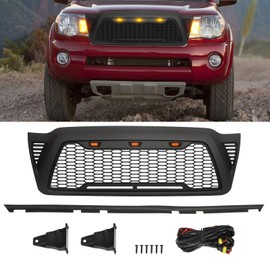 2005 Front Grille Compatible with 2005-2011 Tacoma Mesh Grille with 3 LED Lights Front Hollow Grill ABS Replacement Matte Black Grill