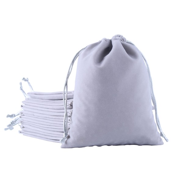 SANSAM Small Velvet Gift Bags with Drawstring, 20pcs 4.0x4.8 Inch Grey Drawstring Velvet Cloth Jewelry Pouches