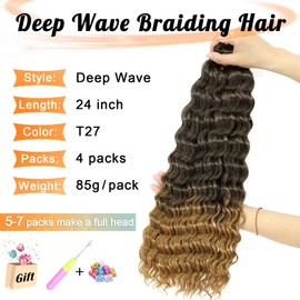 Eerya Long Curly Braiding Hair 24 Inch 4 Packs Deep Ocean Wave Crochet Hair for Black Women Deep Wave Braiding Hair for Boho Braids（24 inch, T27）