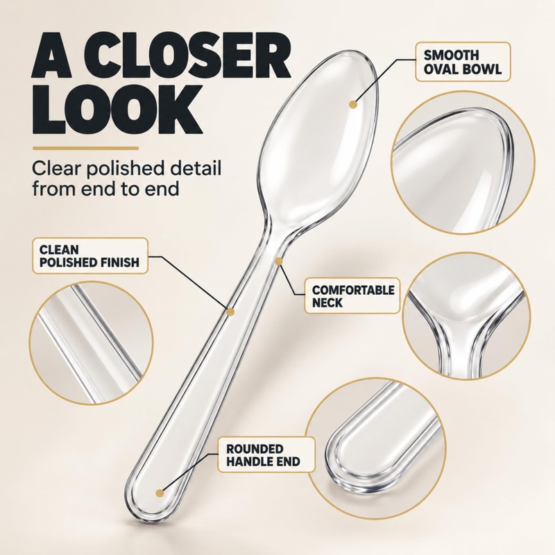 100 Pack Heavy Duty Clear Spoons – Re-usable & Dishwasher
