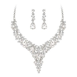 EVER FAITH Bridal Jewelry Set for Women, Austrian Crystal Flower Teardrop Wedding Statement Necklace Drop Dangle Earrings Sets White Silver-Tone
