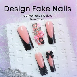 FIEONCIY Press on Nails Long Coffin Shaped Acrylic Glossy Full Cover Long Square French False Nails with Designs Artificial Extra Long Fake Nails with Charms Glue ons Fingernails for Women(XL10297)
