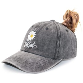 MANMESH HATT Ponytail Hats for Women, Daisy Blessed Faith Embroidered Gift, Washed Vintage Adjustable High Messy Bun Ponytail Baseball Cap (Black, One Size)