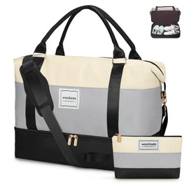 WOOMADA Weekender Bags for Women, Carry On Overnight Bag with Toiletry Bag, Personal Item Travel Duffel for Travel, Sports, Hospital(Beige&Grey&Black)