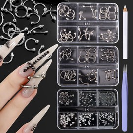 XEAOHESY 3 Boxes Metalpunk Style Nail Charms and Gems Gunmetal Black Platinum Nail Studs Cone Spike Nail Rivets Metal Nails Circular Rivets Nail Spikes for Nail Art Gothic Nail Charms With Pickup Pen