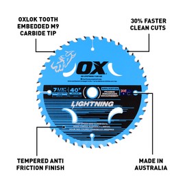 OX Tools Lightning 7-1/4" Circular Saw Blade for Framing - 184mm 40 Tooth & 5/8" Bore Carbide Tipped M9 Grade Construction - Circular Saw Blades Made in Australia for Wood Cutting - OX-LTCTW40-7.25-US