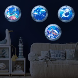3D Ocean Animals World Wall Stickers Glow in The Dark, 4 Pcs Sharks Turtles Jellyfishs Removable Decals for Kids, Vinyl Stickers for Ceiling (Blue)