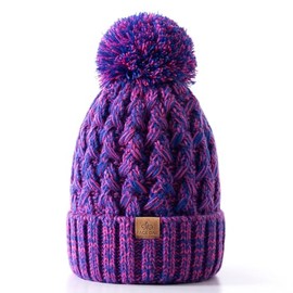 PAGE ONE Womens Winter Ribbed Beanie Crossed Cap Chunky Cable Knit Pompom Soft Warm Hat Dark Rose