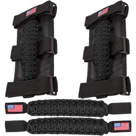 Roll Bar Grab Handles+Headrest Grip Handle for Jeep Wrangler YJ TJ JK JKU JL JLU Sport Sahara Freedom Rubicon Unlimited X Gladiator JT 1955-2023 UTV ATV Premium Paracord US Flag (Black 4 Pack)