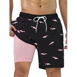 SILKWORLD Mens Swim Trunks with Compression Liner 2 in 1 Quick Dry Swimming Shorts with Zipper Pockets, Black Pink Shark, XX-Large