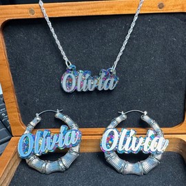 Custom Nameplate Jewelry Set | 2.5" Silver Bamboo Hoop Earrings | Nameplate Necklace | Laser-Cut Silver Script Letters | Multi-Color Glitter Background | Engravable Wood Gift Box | Crafted in CT, USA