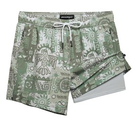 MaaMgic 5" Swimming Shorts Men Swim Trunks 2 in 1 with Compression Liner Zip Pockets Stretch Quick Dry Dissolvable Beach Shorts Swimwear, Army Green - Silver Gray, L