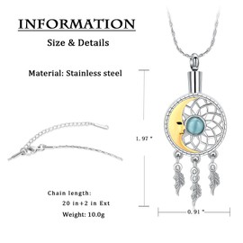 Dream Catcher Cremation Jewelry for Ashes for Women Men Moon Feather Pendant Urn Necklace Memorial Loved Ones Human Funeral Keepsake (Silver-Gold)